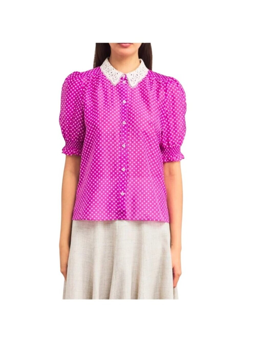 ME+EM Purple Little Crosses Lace Collar Button Short Sleeve Shirt Womens Size 0
